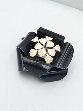 Vintage large enamel and plastic blue and off white flower brooch pin